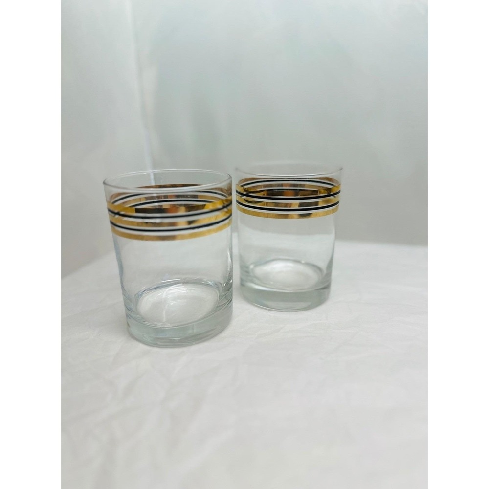 MCM Culver 22k Gold Band Black Double Old Fashioned Glasses Set of 2 4.25in